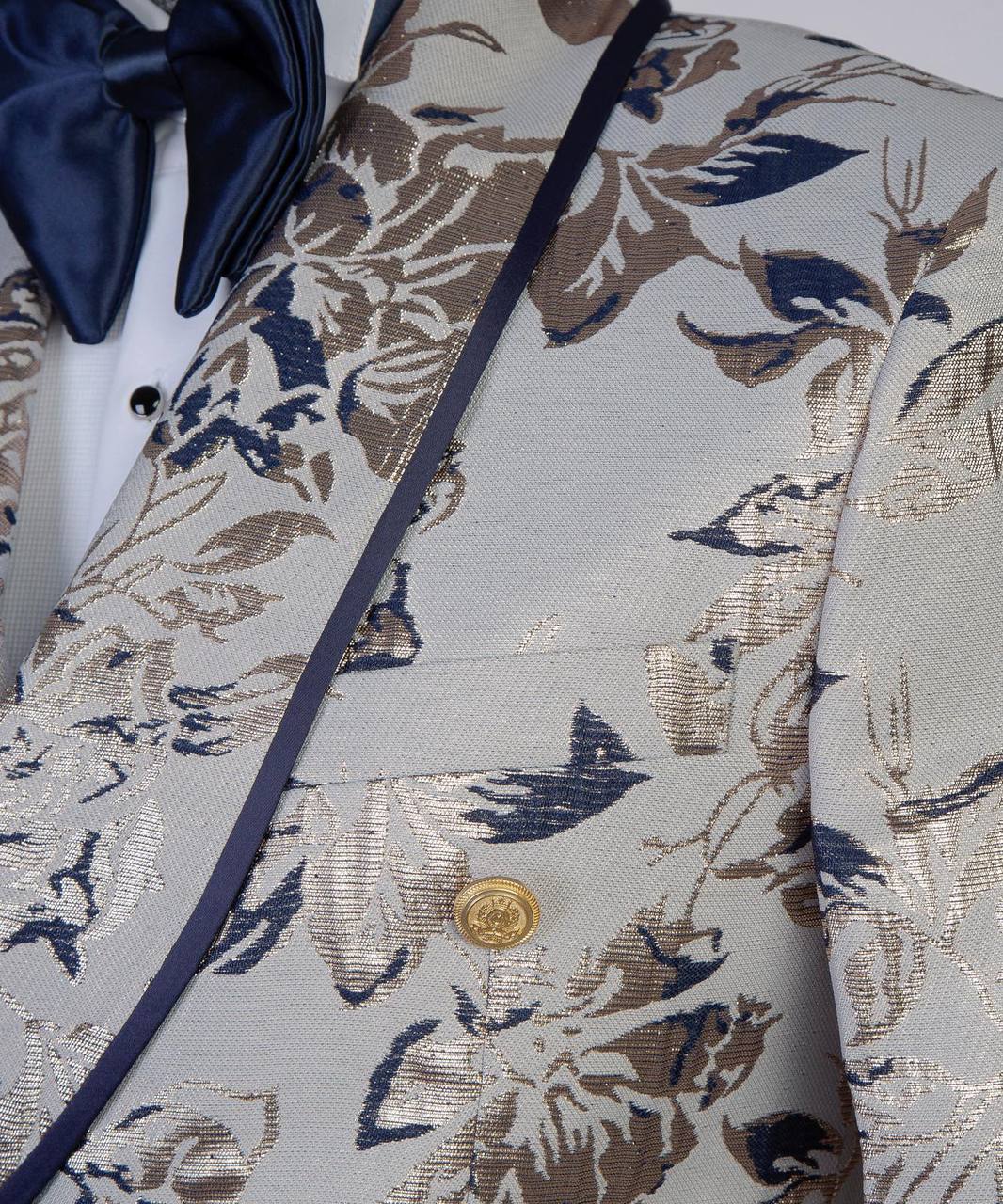 Cream Navy Floral Jacquard Double-Breasted Tuxedo - detail view - The Third Gentleman