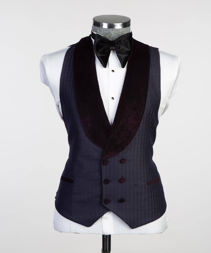 Navy Herringbone Three-Piece Tuxedo | Burgundy Velvet Shawl Collar from The Third Gentleman, product view 5