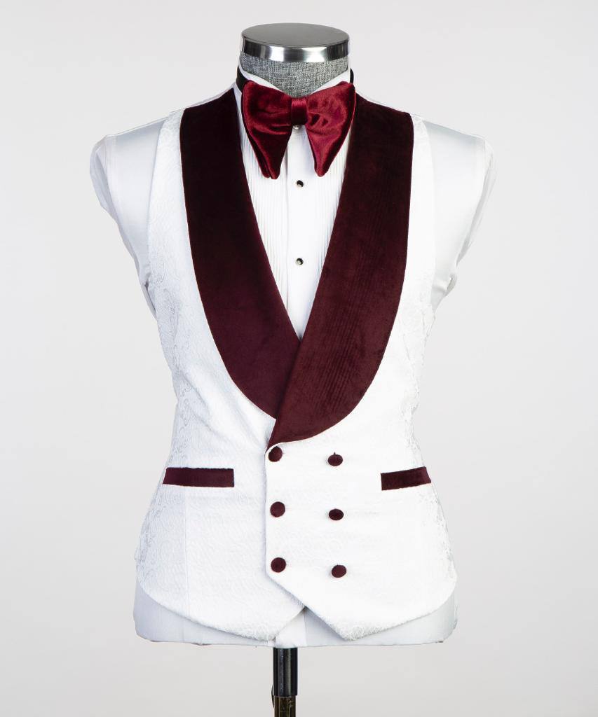 White Paisley Three-Piece Tuxedo | Burgundy Velvet Shawl Collar from The Third Gentleman, product view 5
