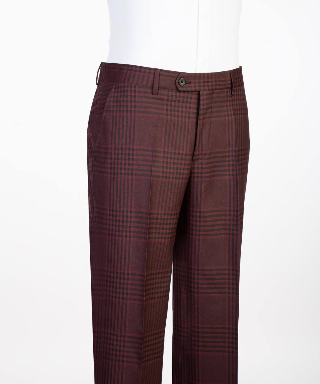 Close-up of burgundy plaid suit trousers with tailored waistband and front crease.