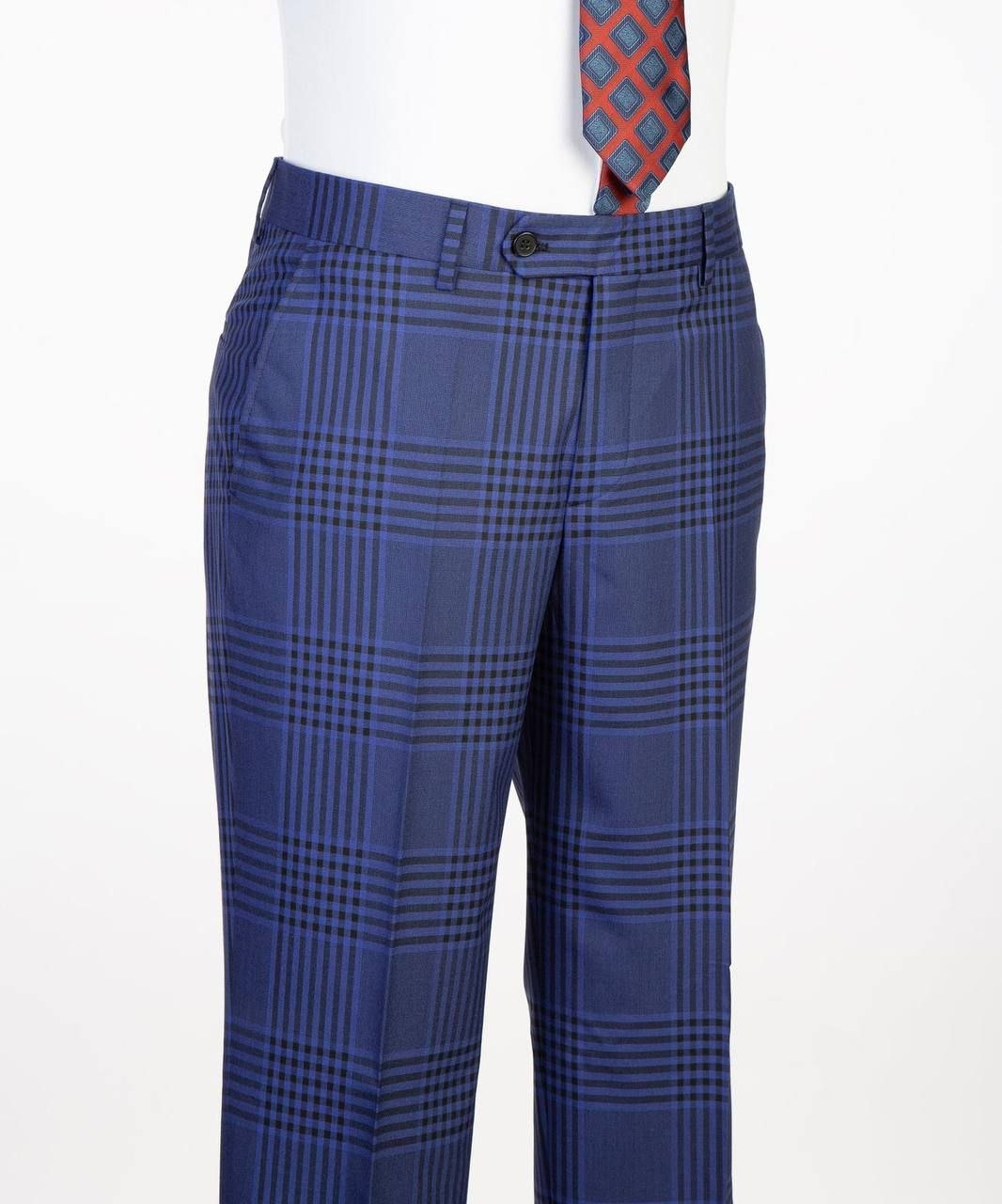 Close-up of matching royal blue plaid suit trousers and waistband detail.