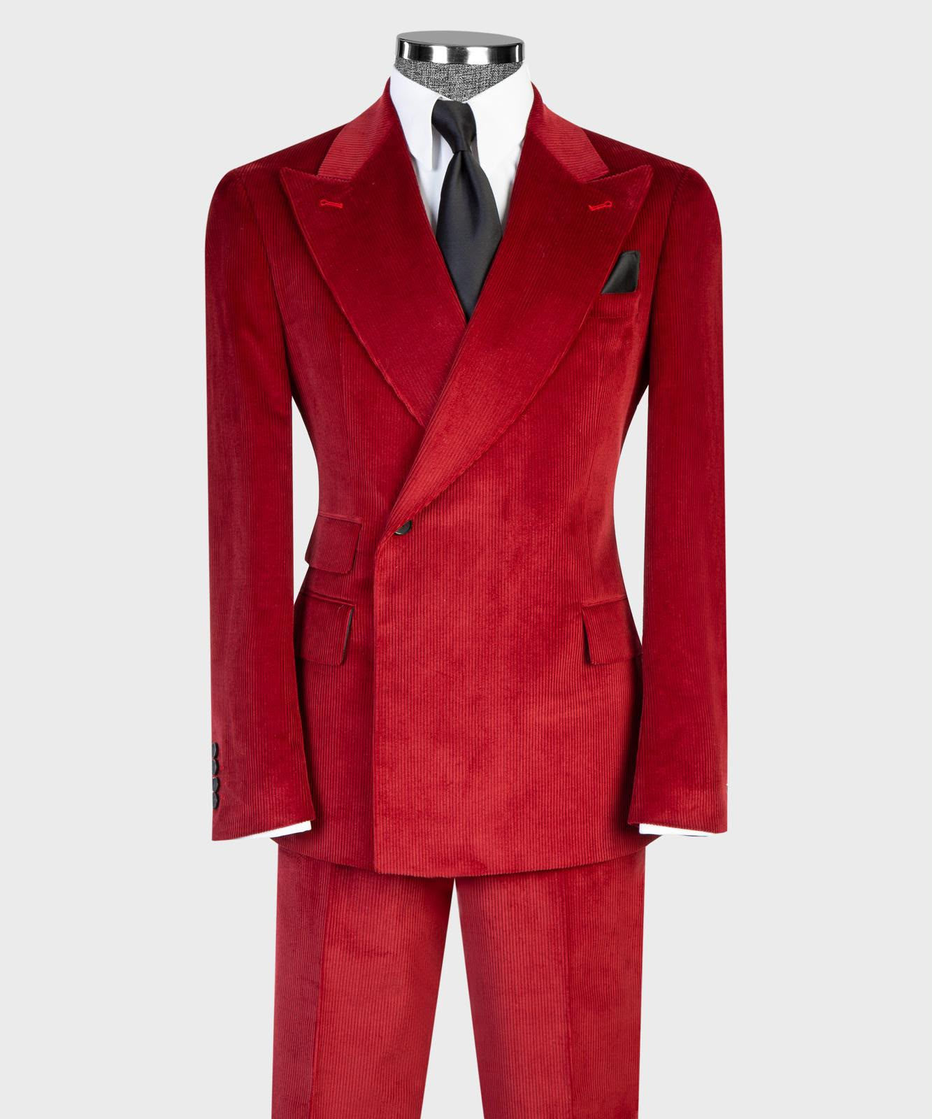 Crimson ribbed velvet single-breasted suit with peak lapels and matching trousers, front view