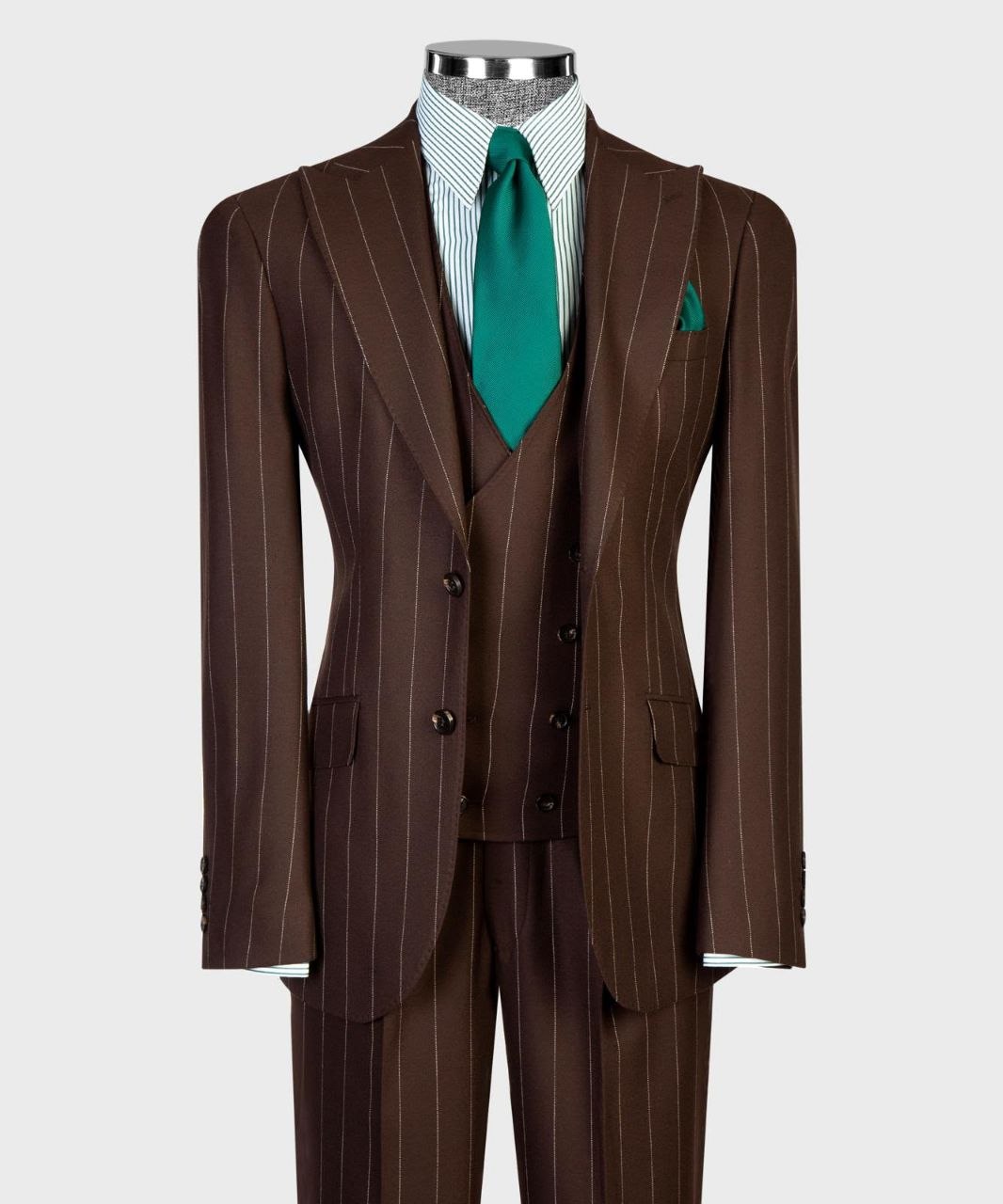 Chocolate brown pinstripe three-piece suit front view from The Third Gentleman