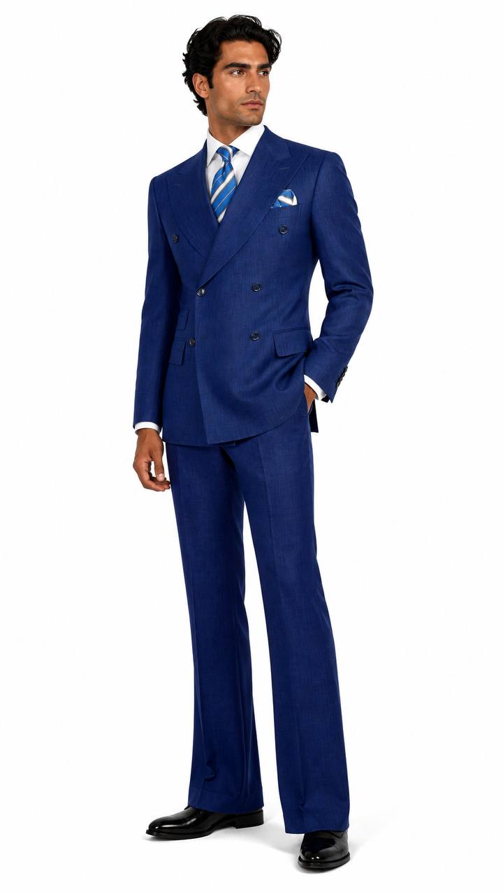 Royal blue double-breasted flared leg suit worn by model