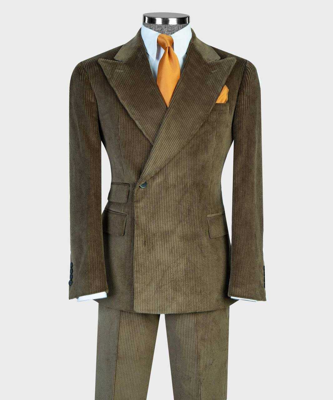 Olive ribbed velvet single-breasted suit with peak lapels and matching trousers, front view
