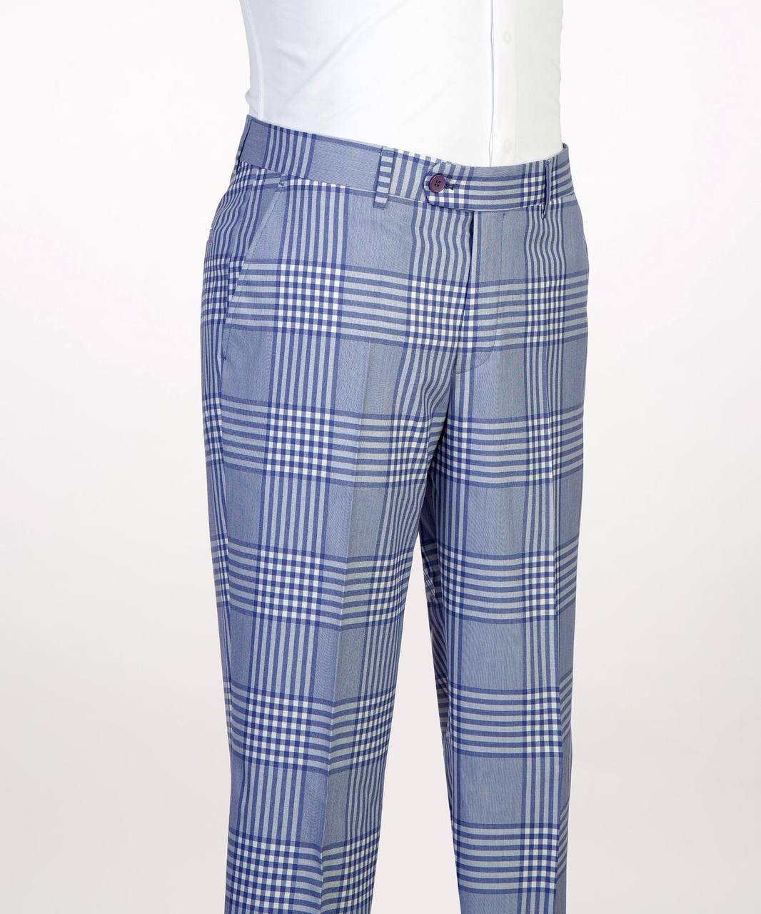 Close-up of matching light blue plaid suit trousers and waistband detail.