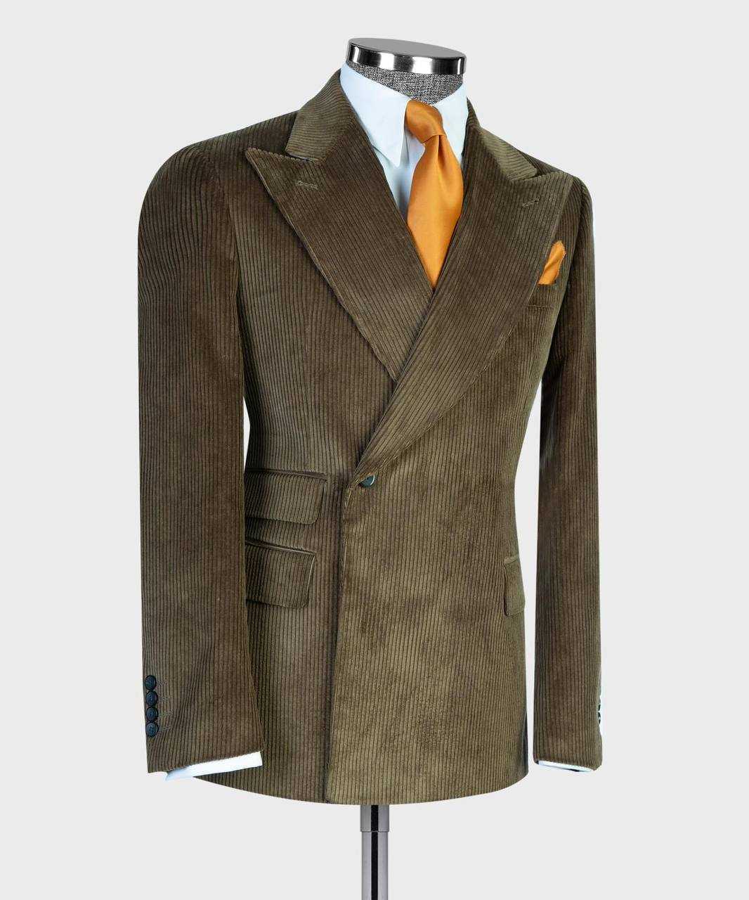 Olive ribbed velvet single-breasted suit jacket, three-quarter view