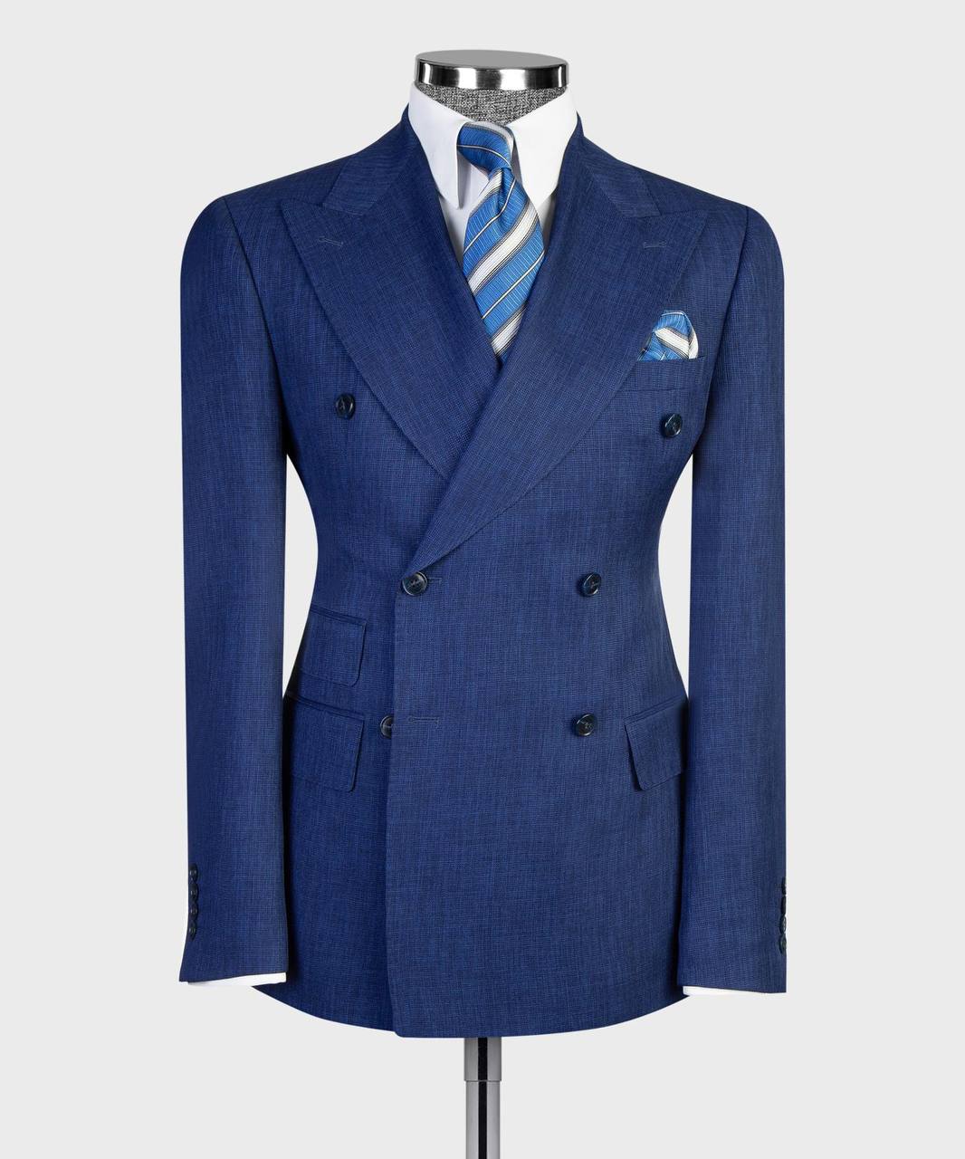 Royal blue double-breasted suit with flared trousers detail
