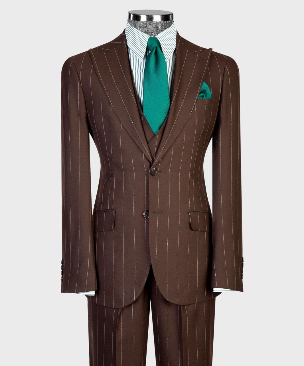 Chocolate brown pinstripe three-piece suit jacket front view from The Third Gentleman