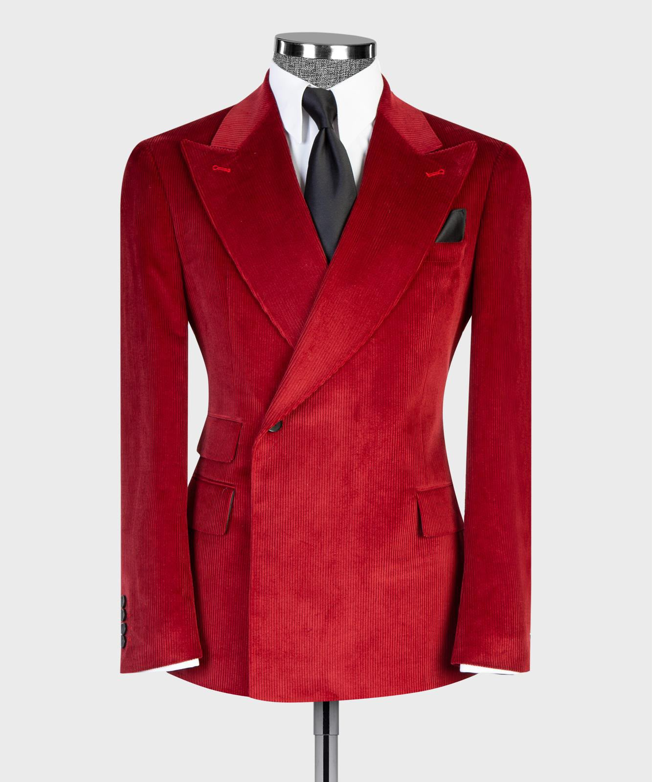 Crimson ribbed velvet single-breasted suit jacket, front view