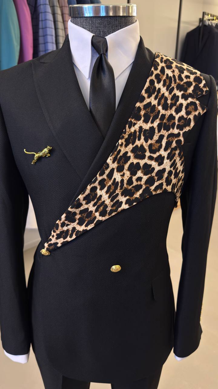Black double-breasted suit with leopard-print shoulder panel