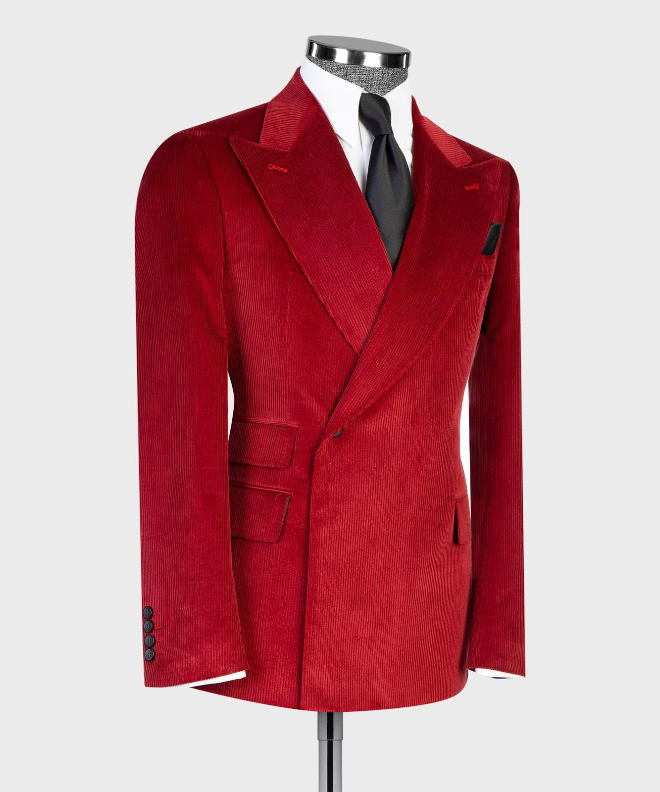 Crimson ribbed velvet single-breasted suit jacket, three-quarter view