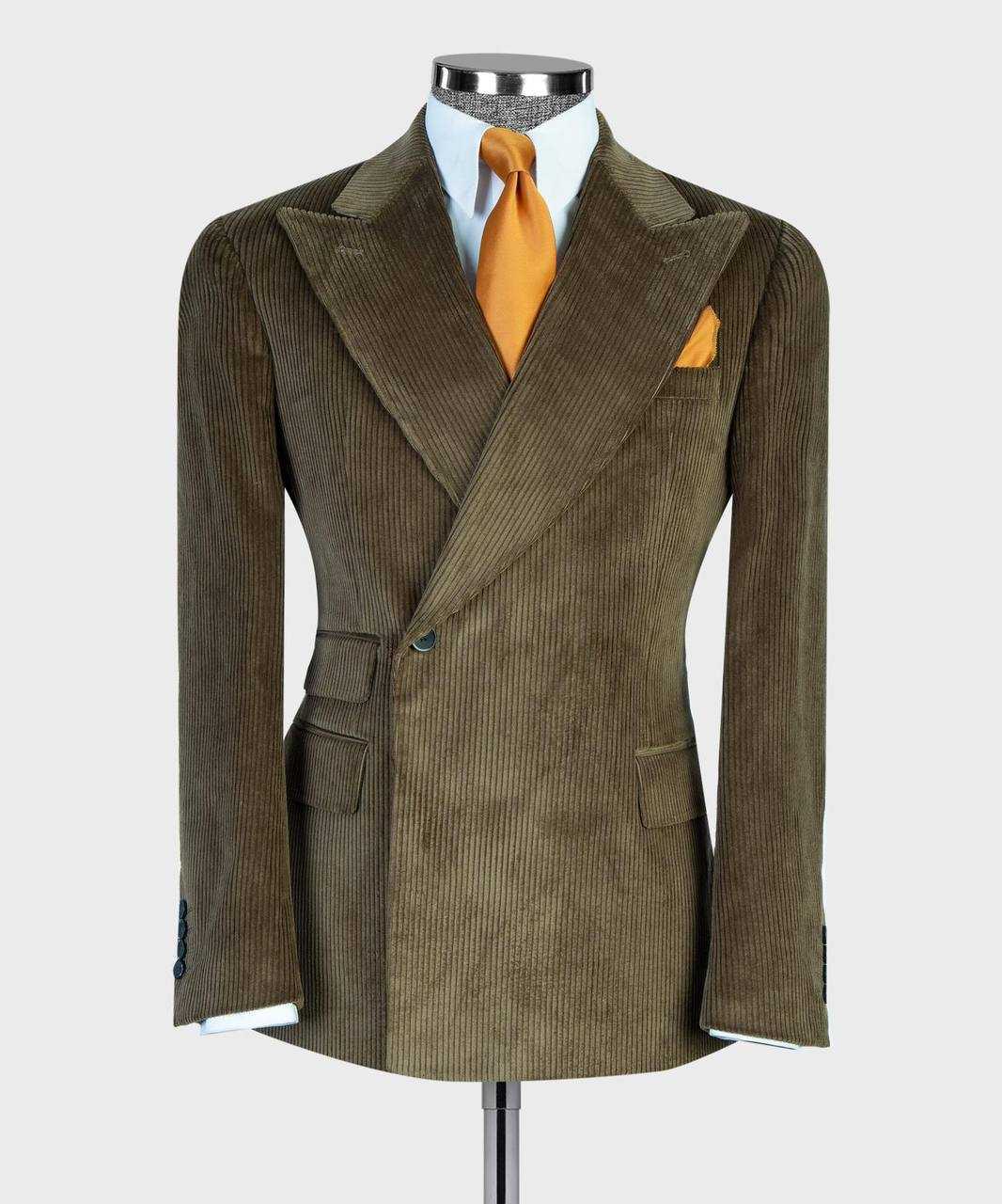 Olive ribbed velvet single-breasted suit jacket, front view