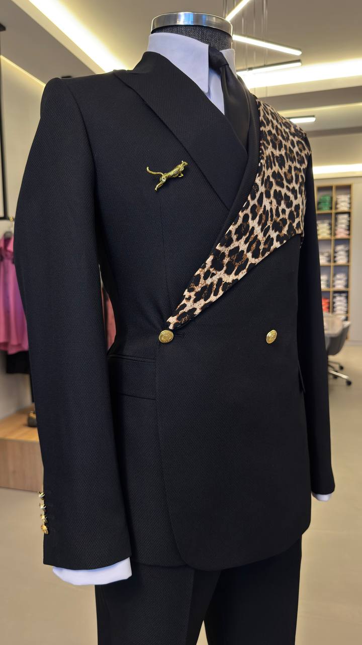 Black leopard-panel suit full torso view