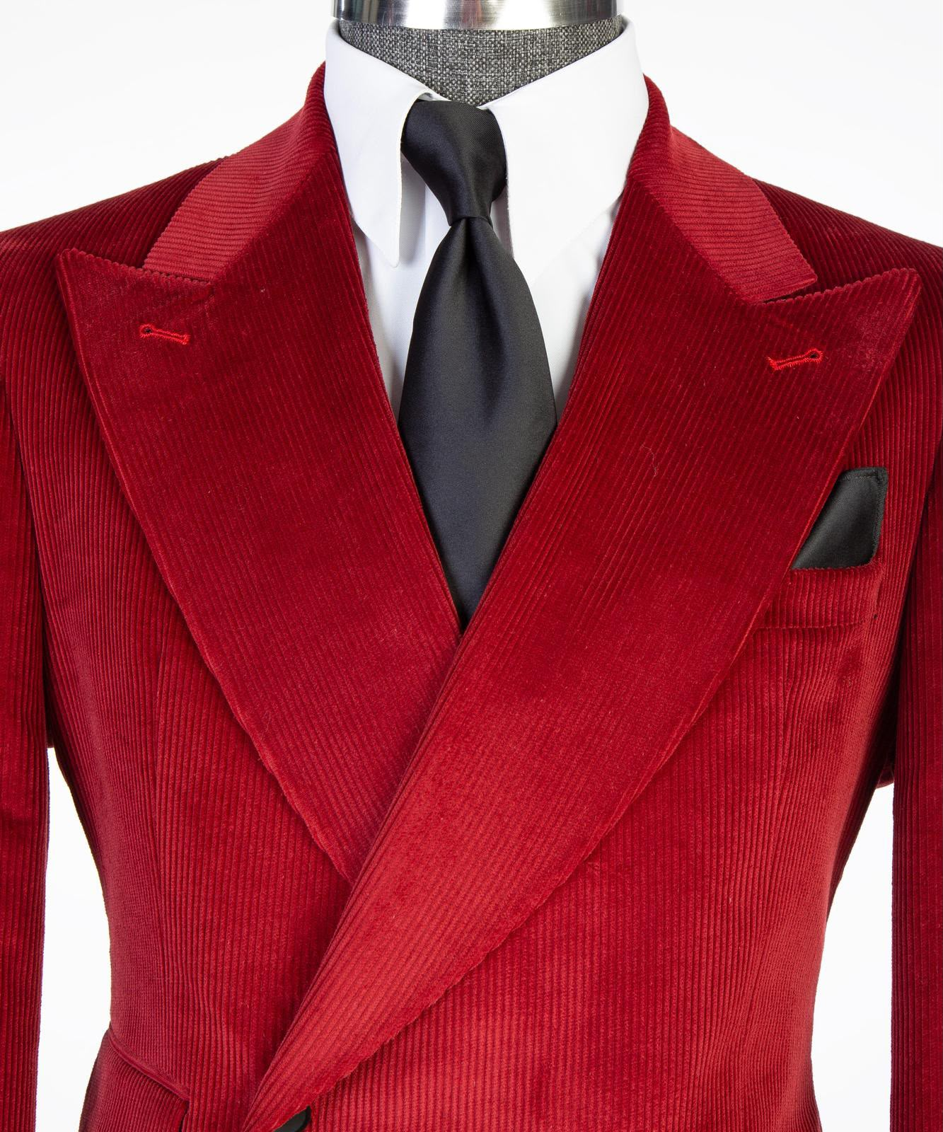 Crimson ribbed velvet suit peak lapel and collar detail