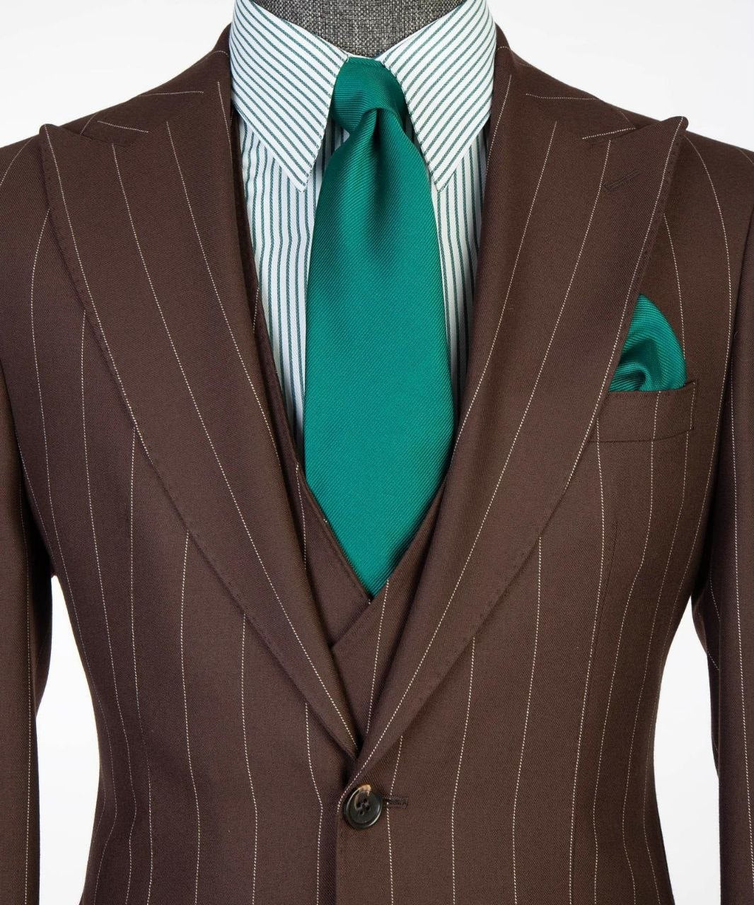 Chocolate brown pinstripe three-piece suit peak lapel detail from The Third Gentleman