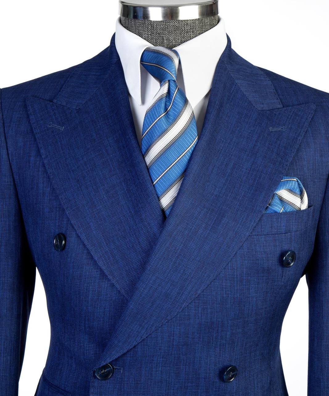 Royal blue double-breasted suit with flared trousers detail