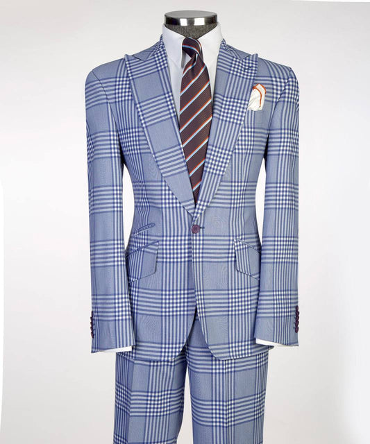 Full front view of light blue plaid two-button suit with matching trousers.