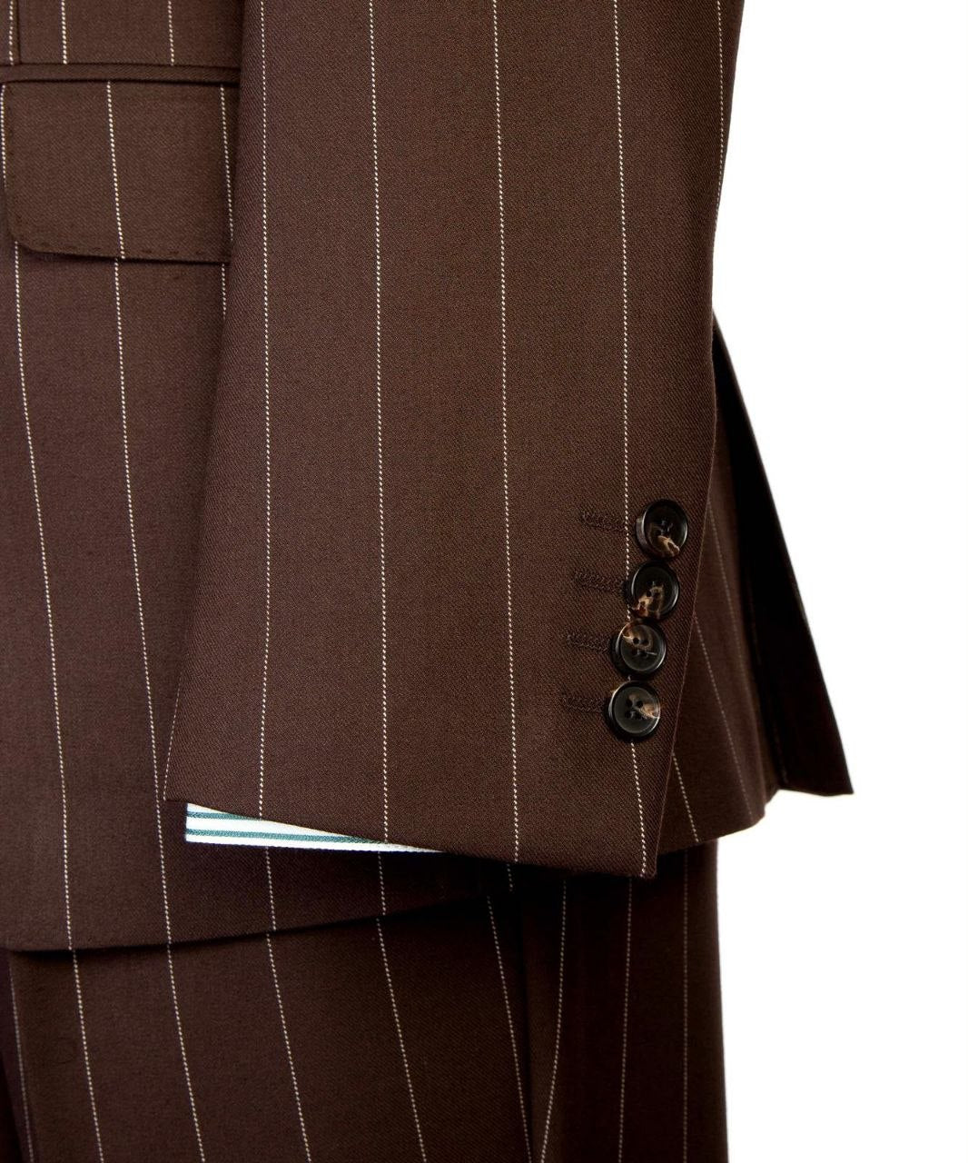 Chocolate brown pinstripe suit sleeve button detail from The Third Gentleman