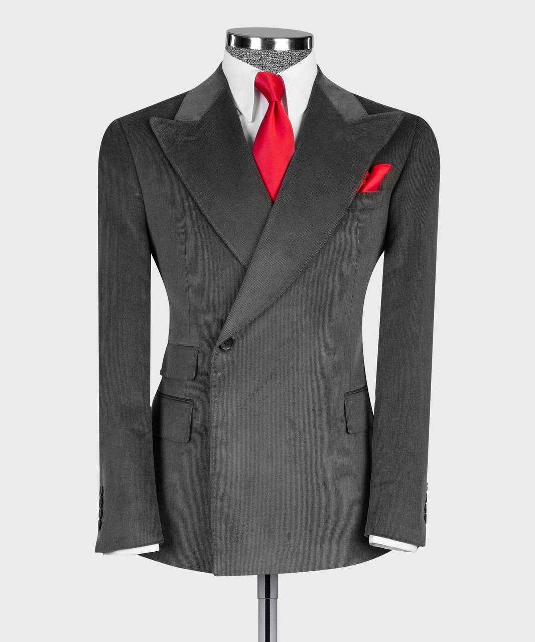 Charcoal ribbed velvet single-breasted suit jacket with peak lapels, front view