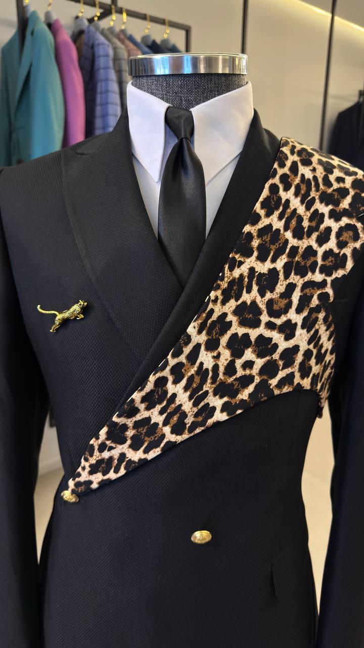Black leopard-print lapel panel and gold button detail