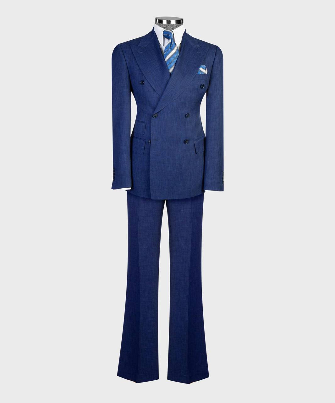 Royal blue double-breasted suit with flared trousers detail