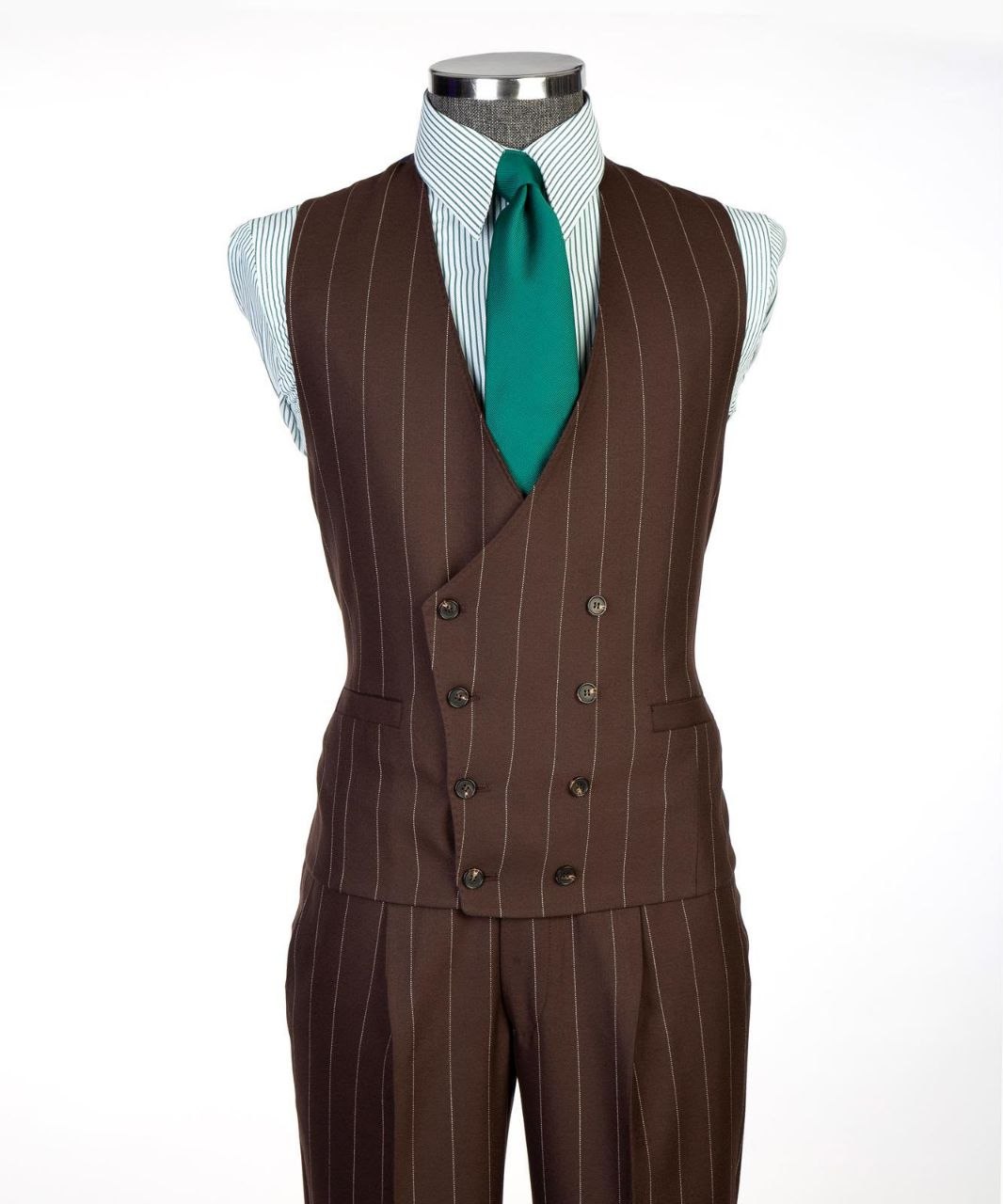 Chocolate brown pinstripe double-breasted waistcoat from The Third Gentleman