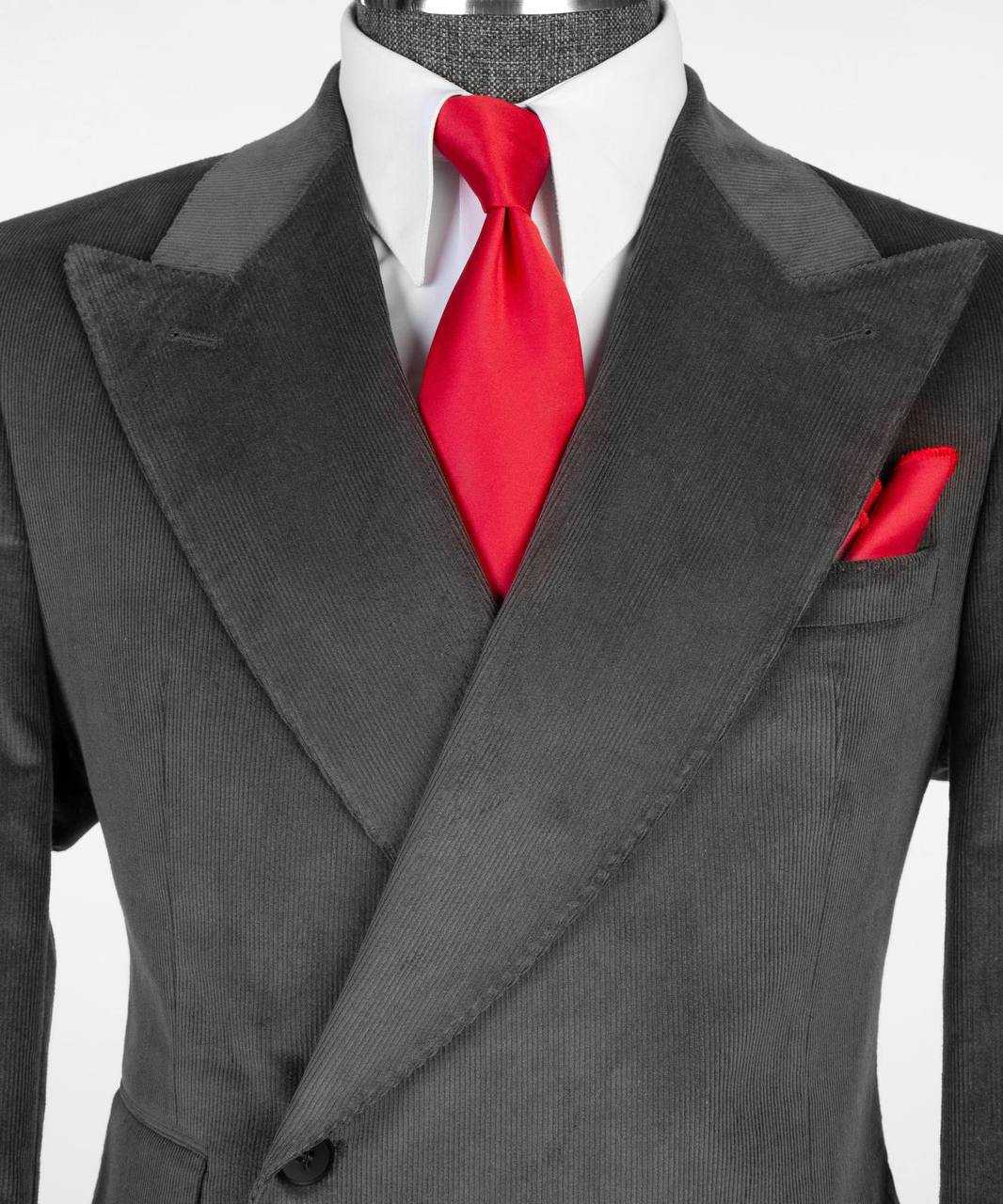 Charcoal ribbed velvet suit peak lapel and collar detail