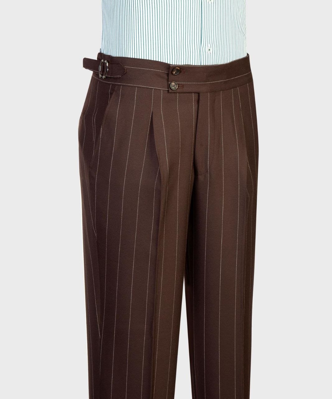Chocolate brown pinstripe suit pleated trousers with side adjuster from The Third Gentleman
