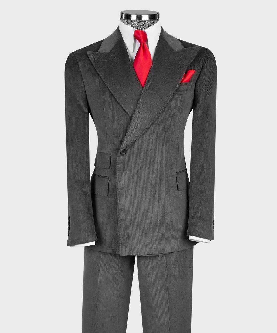 Charcoal ribbed velvet single-breasted suit with matching trousers, front view