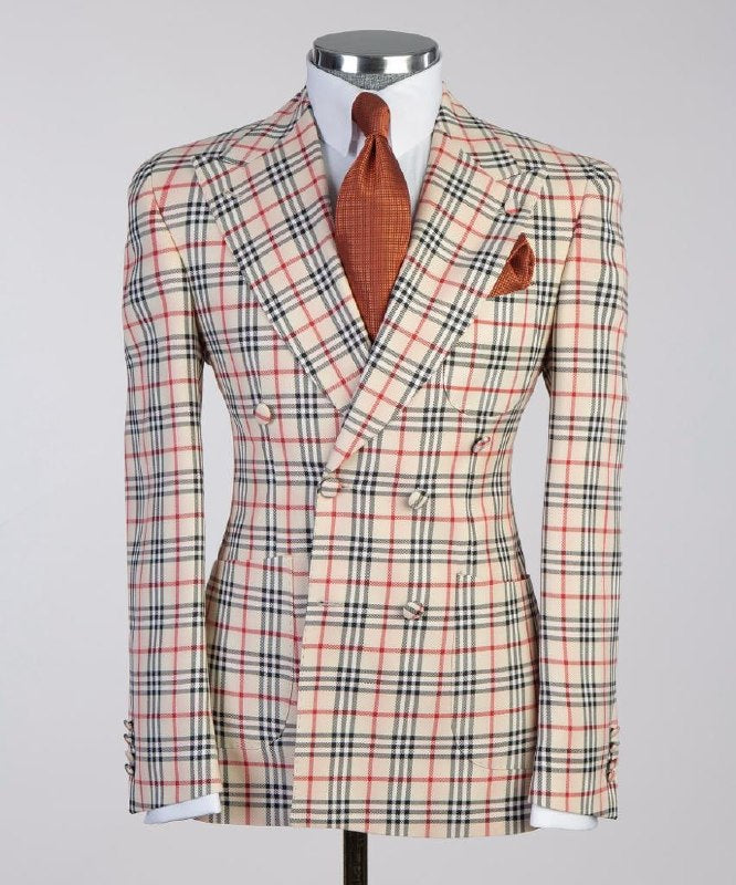 Cream plaid double-breasted suit front view from The Third Gentleman