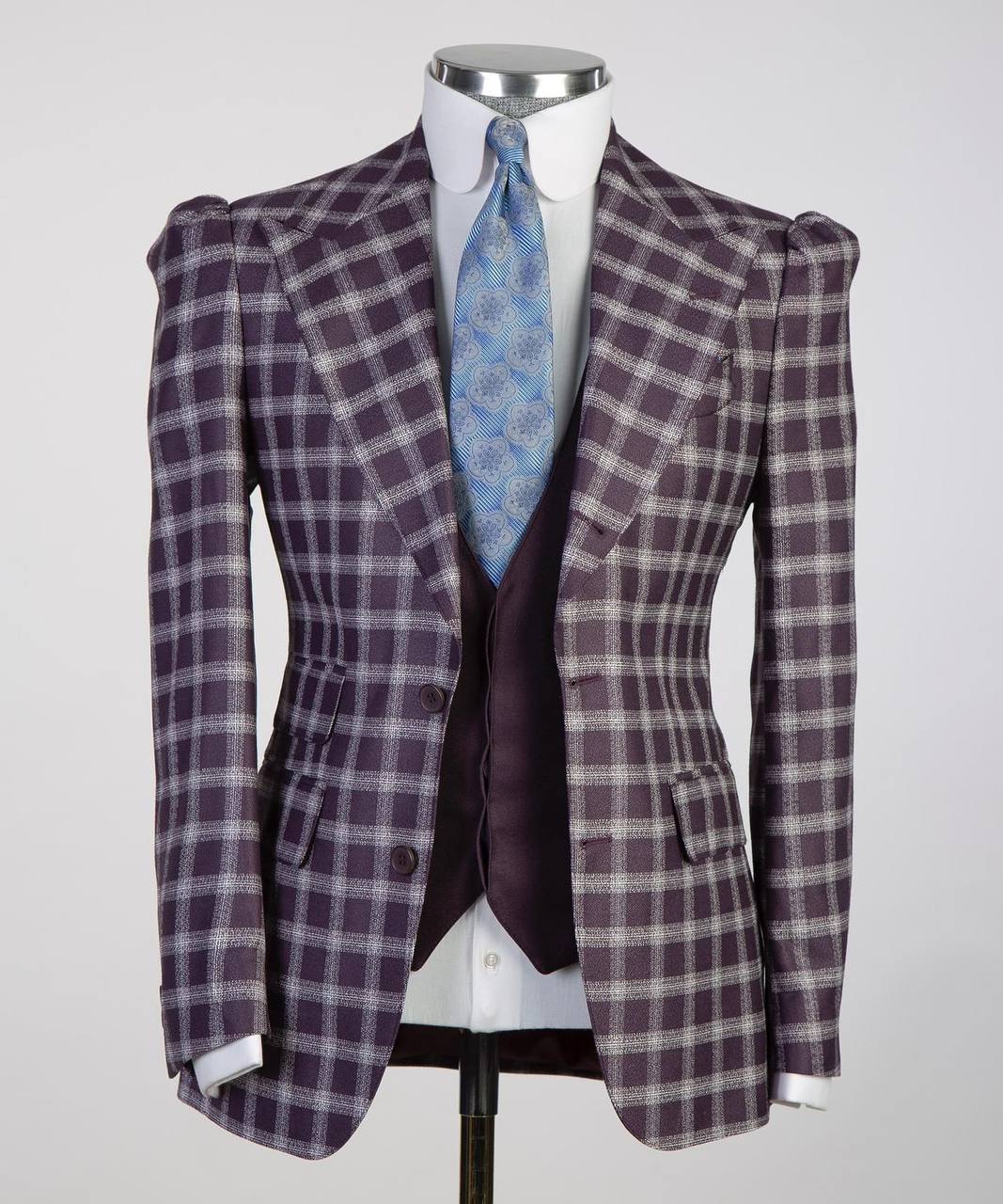 Plum & White Windowpane Three-Piece Suit