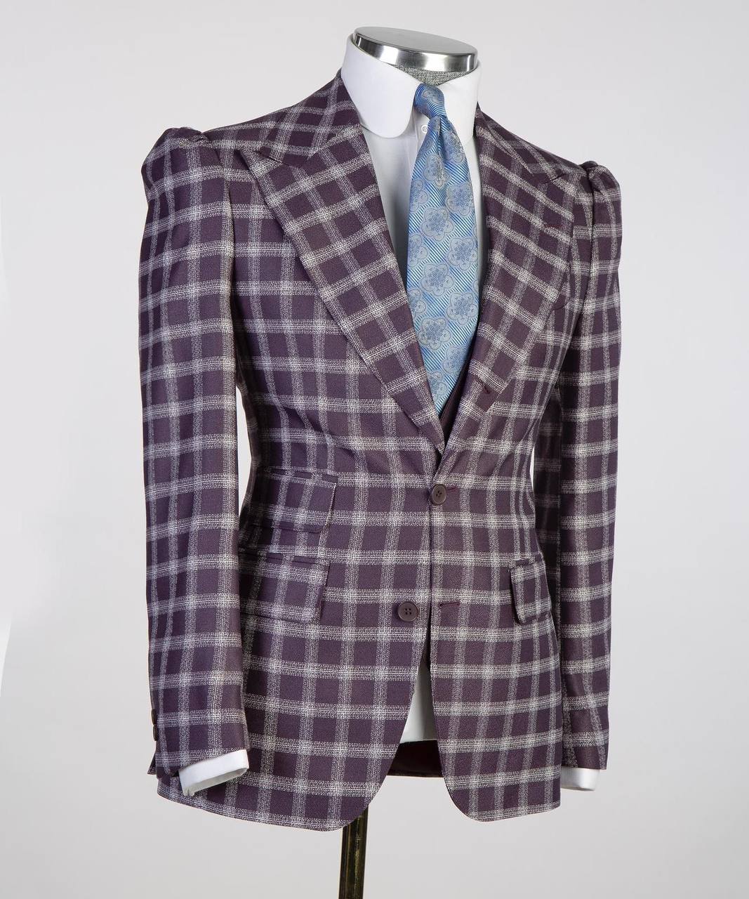 Plum & White Windowpane Three-Piece Suit