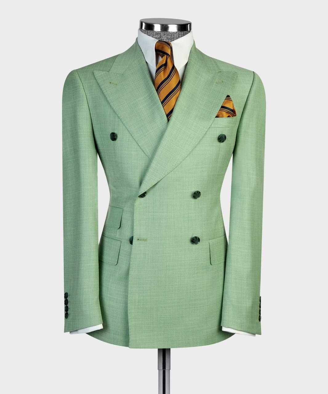 Mint green double-breasted suit jacket with tie styling
