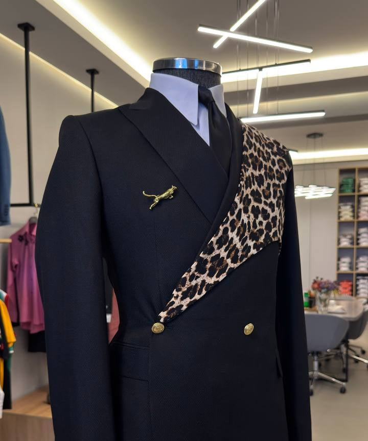 Black leopard-panel formal suit with gold button detail
