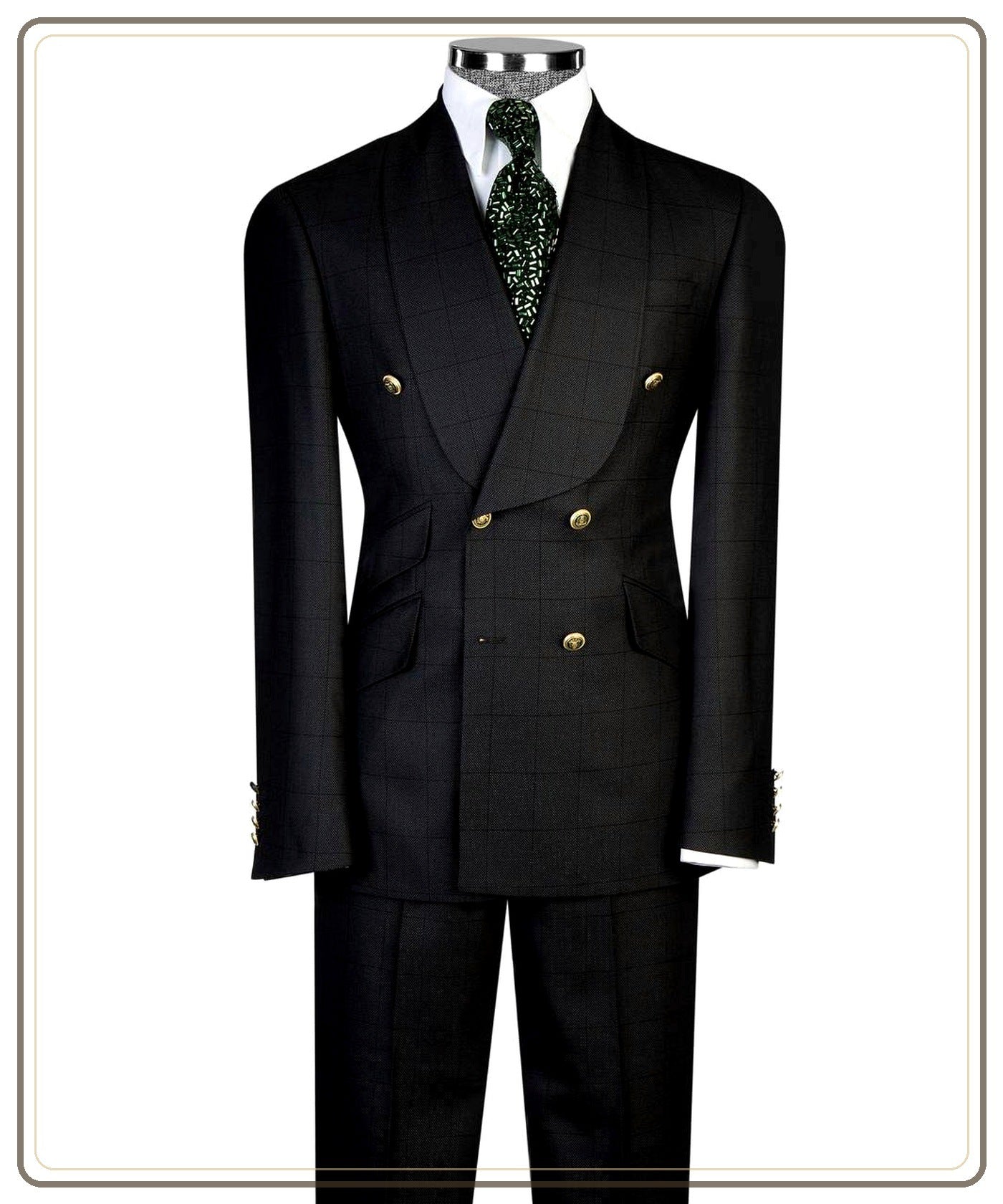 Black windowpane double-breasted suit with gold buttons from The Third Gentleman