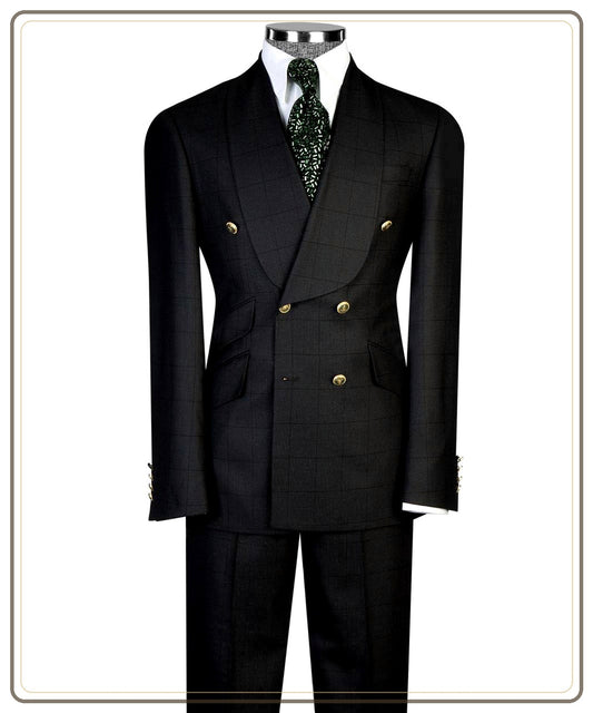 Black windowpane double-breasted suit with gold buttons from The Third Gentleman