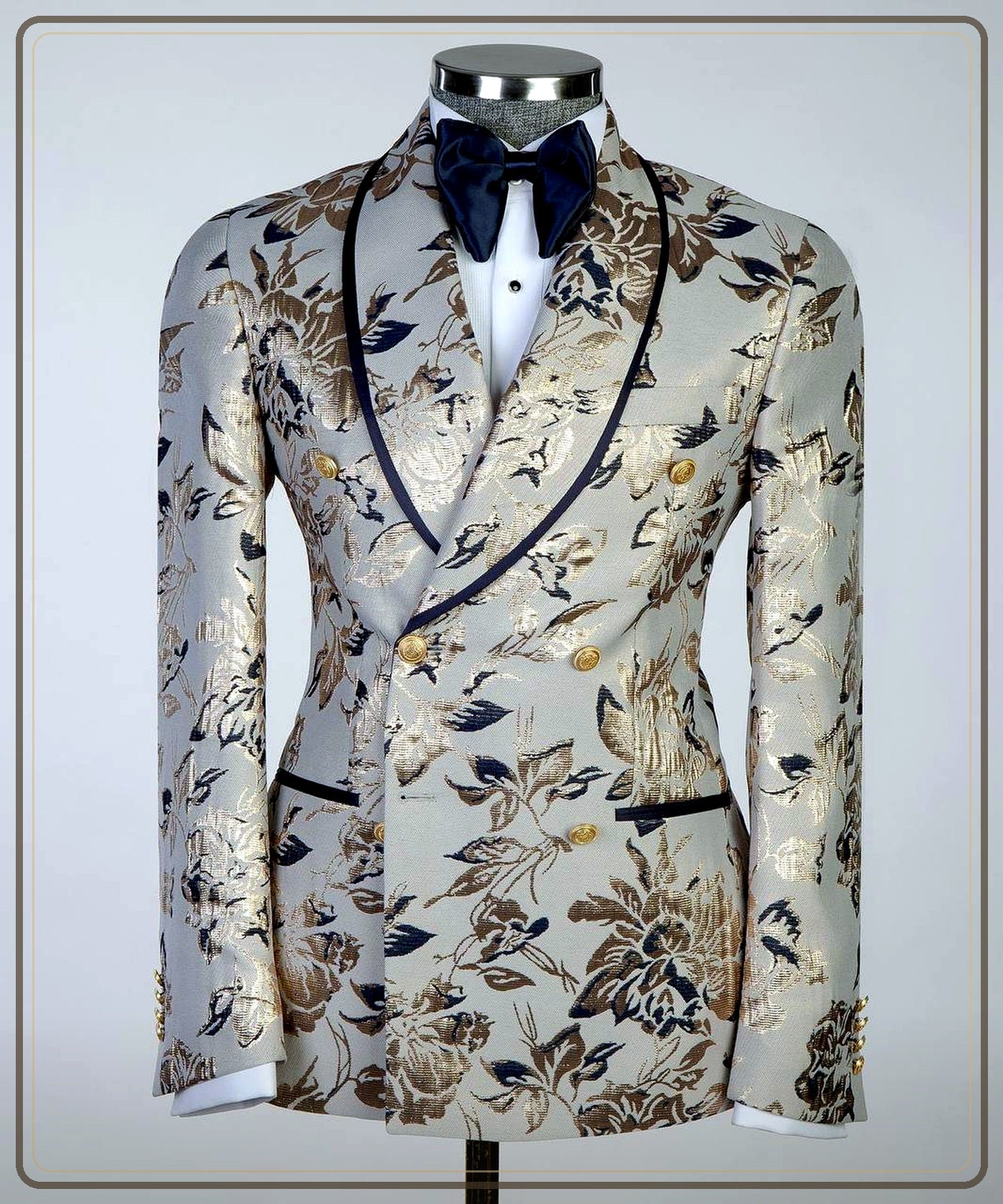 Cream Navy Floral Jacquard Tuxedo | Double-Breasted premium hero from The Third Gentleman