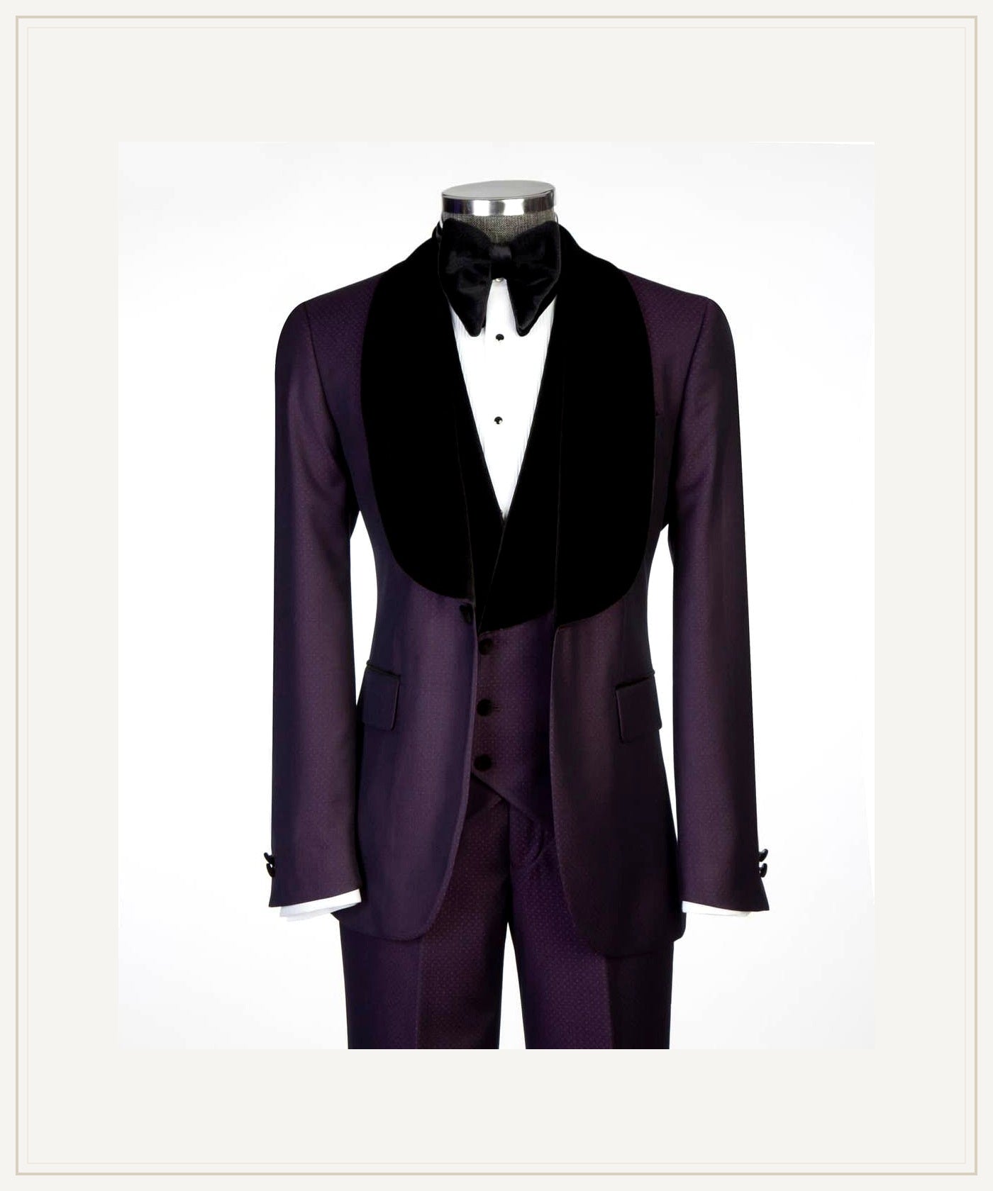Deep Plum Three-Piece Tuxedo | Velvet Shawl Collar | The Third Gentleman premium product hero image from The Third Gentleman