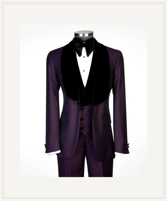 Deep Plum Three-Piece Tuxedo | Velvet Shawl Collar | The Third Gentleman premium product hero image from The Third Gentleman
