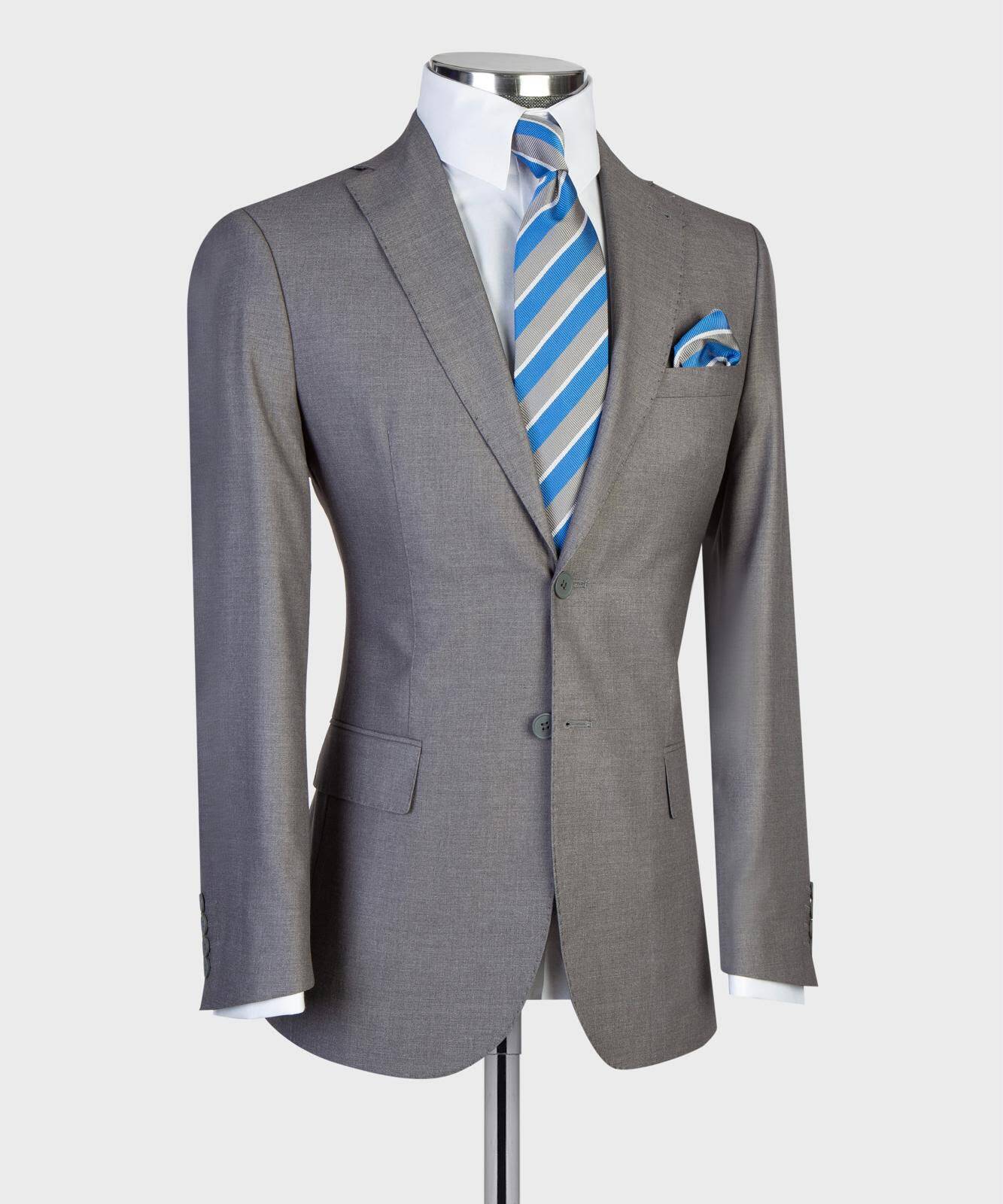 Medium gray two-button suit jacket, angled front view