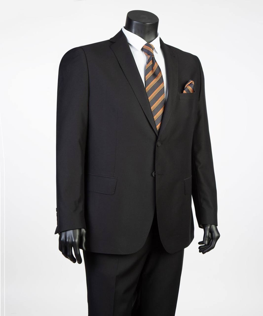 Black single-breasted two-piece suit in extended regular sizes 52R to 62R