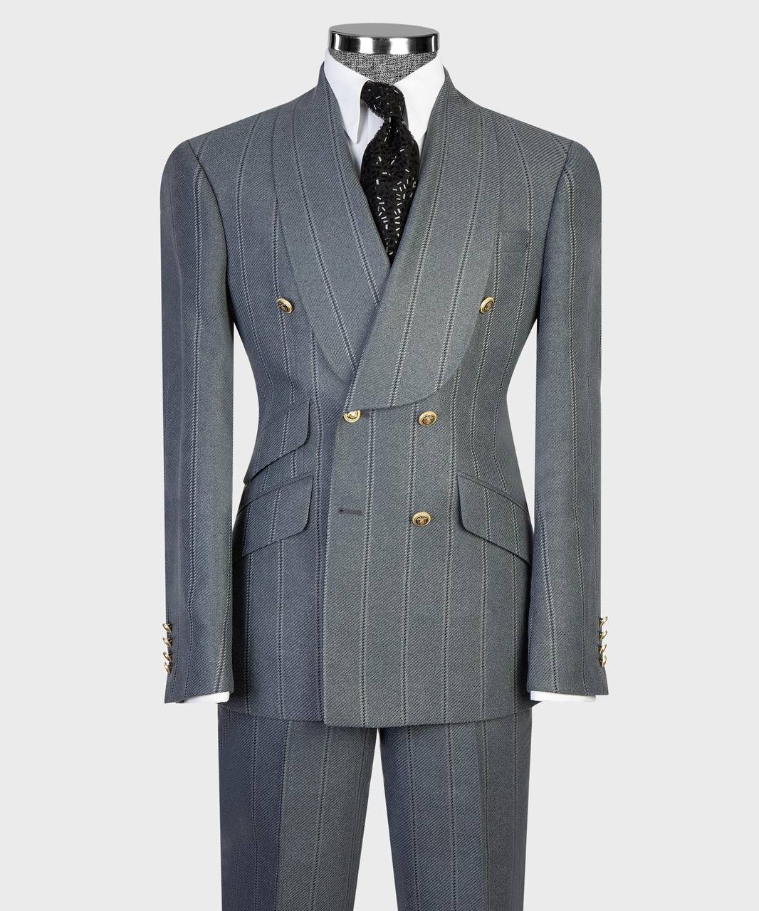 Slate blue pinstripe double-breasted suit with gold buttons from The Third Gentleman, full view
