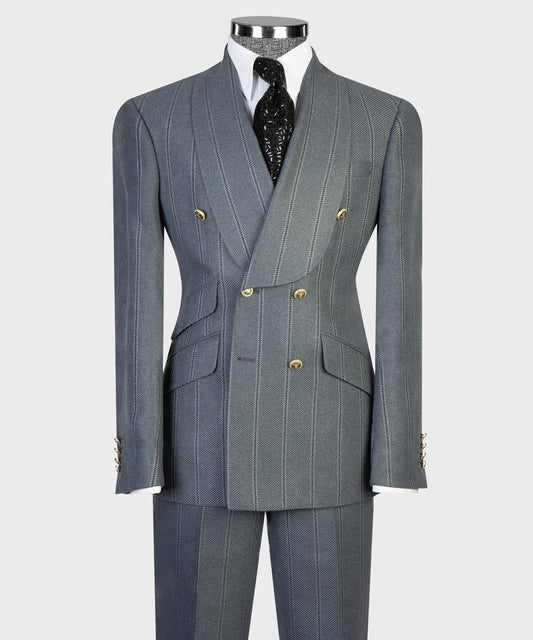 Slate blue pinstripe double-breasted suit with gold buttons from The Third Gentleman, full view