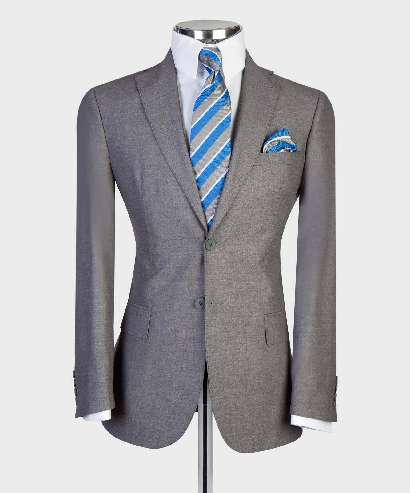 Medium gray two-button suit jacket, straight-on front view