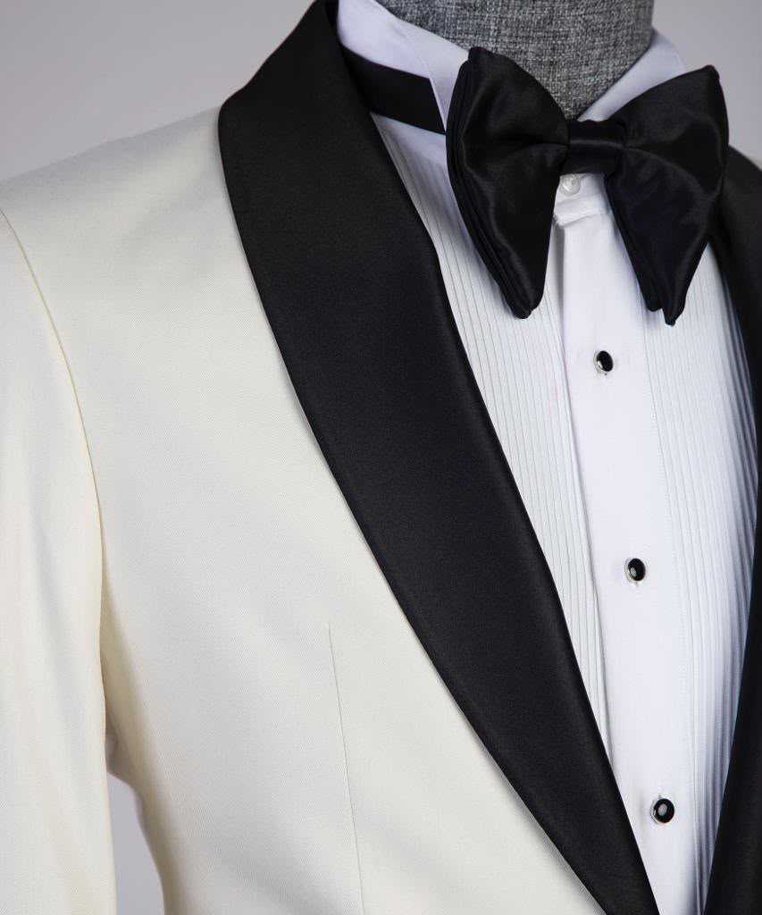 Ivory tuxedo black satin shawl collar detail