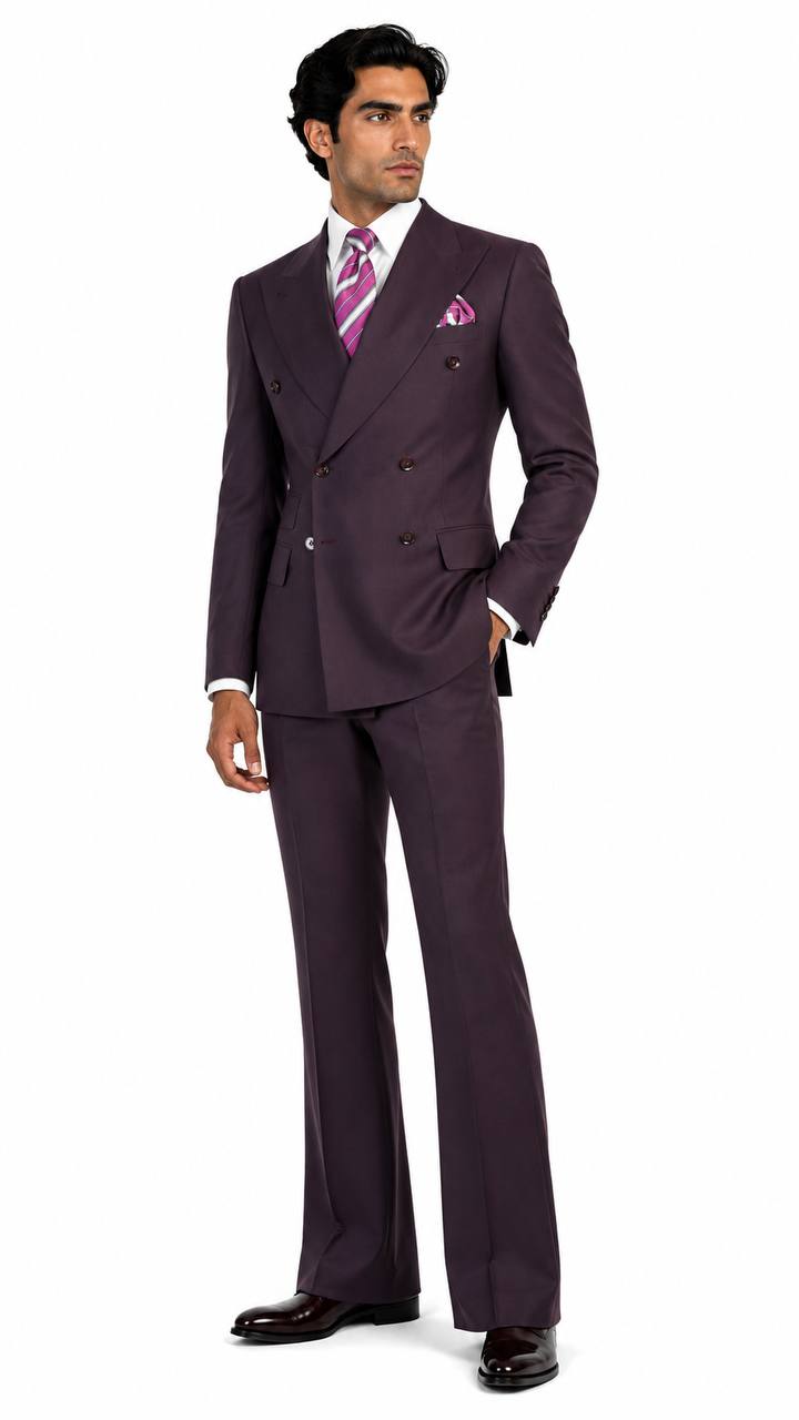 Deep plum flared-leg double-breasted suit full-body styled look