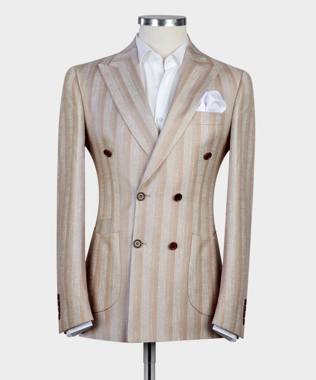 Champagne stripe 100% linen double-breasted summer suit from The Third Gentleman