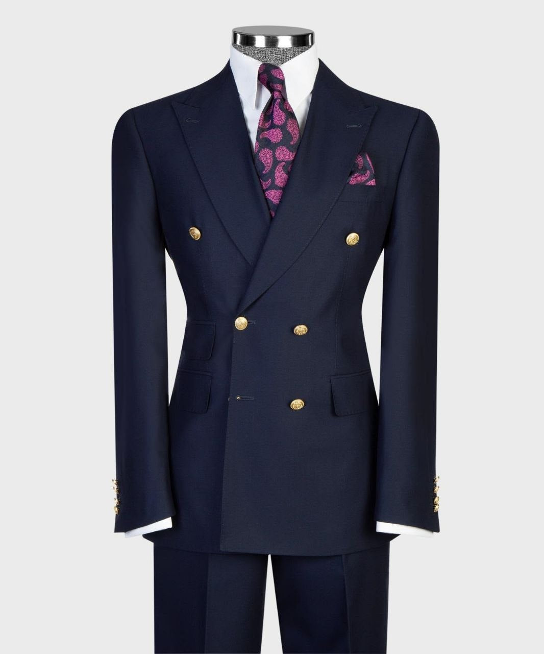 Navy blue double-breasted suit with gold buttons from The Third Gentleman