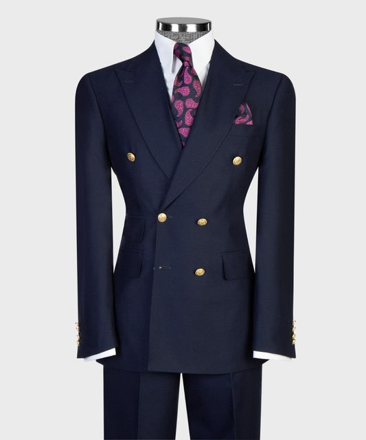 Navy blue double-breasted suit with gold buttons from The Third Gentleman